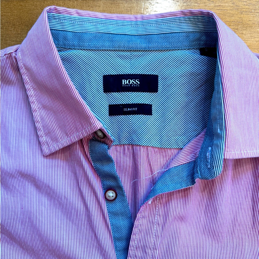 Men’s pink Hugo boss short sleeve dress shirt
